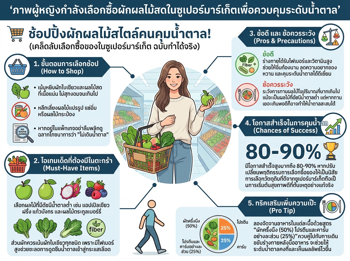 ภาพผู้หญิงกำลังเลือกซื้อผักผลไม้สดในซูเปอร์มาร์เก็ตเพื่อควบคุมระดับน้ำตาล