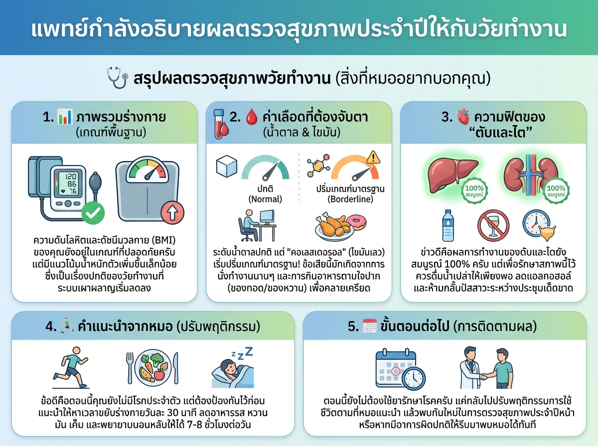 แพทย์กำลังอธิบายผลตรวจสุขภาพประจำปีให้กับวัยทำงาน