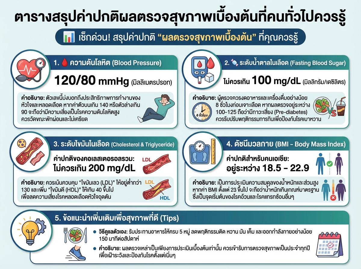 ตารางสรุปค่าปกติผลตรวจสุขภาพเบื้องต้นที่คนทั่วไปควรรู้