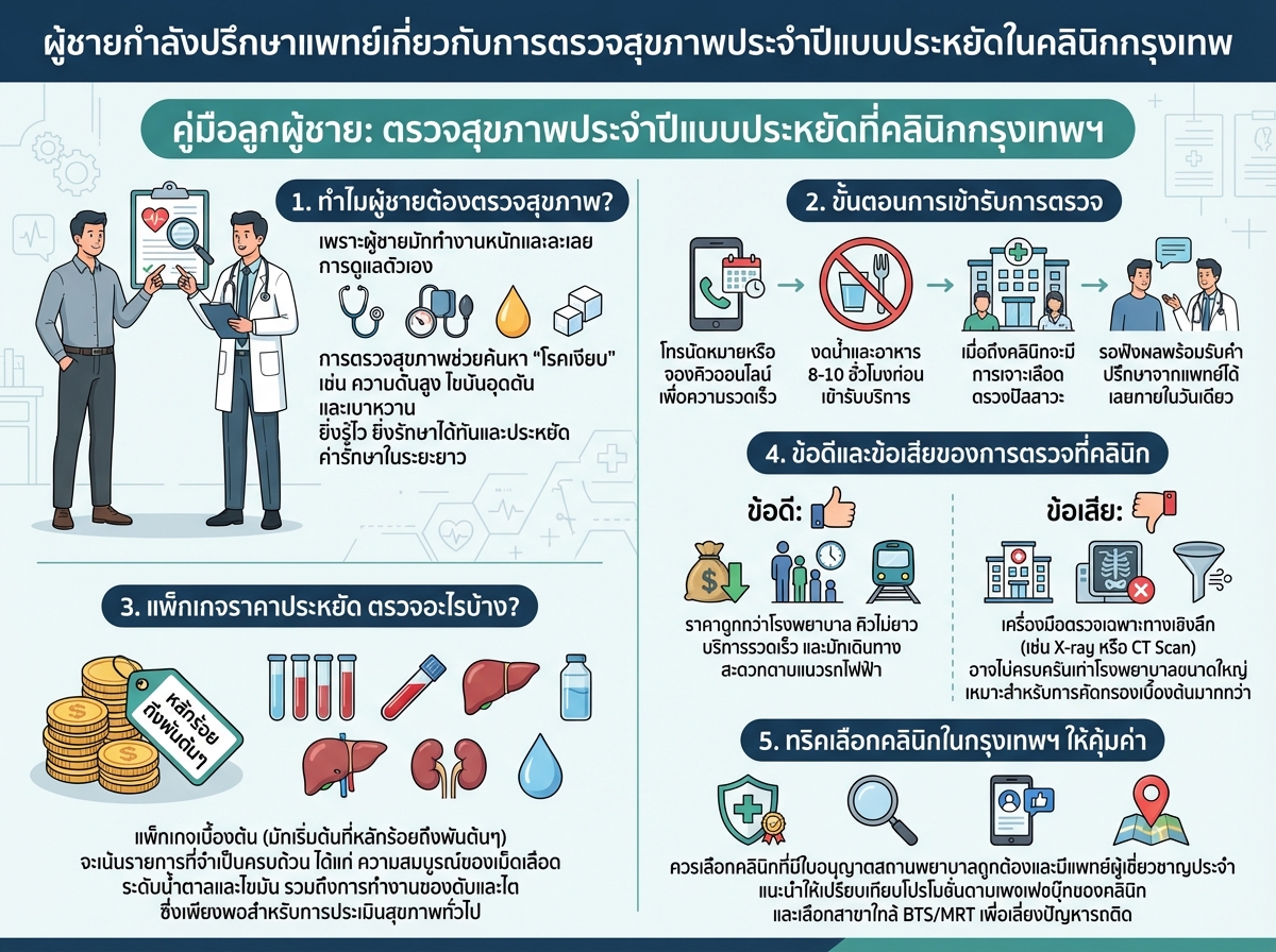 ผู้ชายกำลังปรึกษาแพทย์เกี่ยวกับการตรวจสุขภาพประจำปีแบบประหยัดในคลินิกกรุงเทพ
