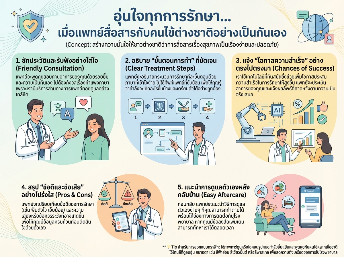 แพทย์กำลังสื่อสารกับคนไข้ชาวต่างชาติอย่างเป็นกันเอง