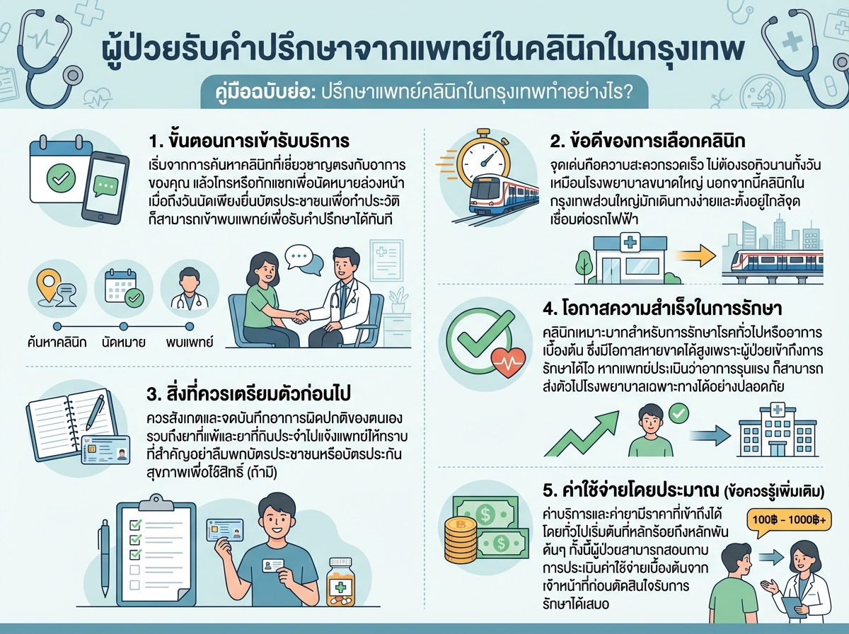 ผู้ป่วยรับคำปรึกษาจากแพทย์ในคลินิกในกรุงเทพ