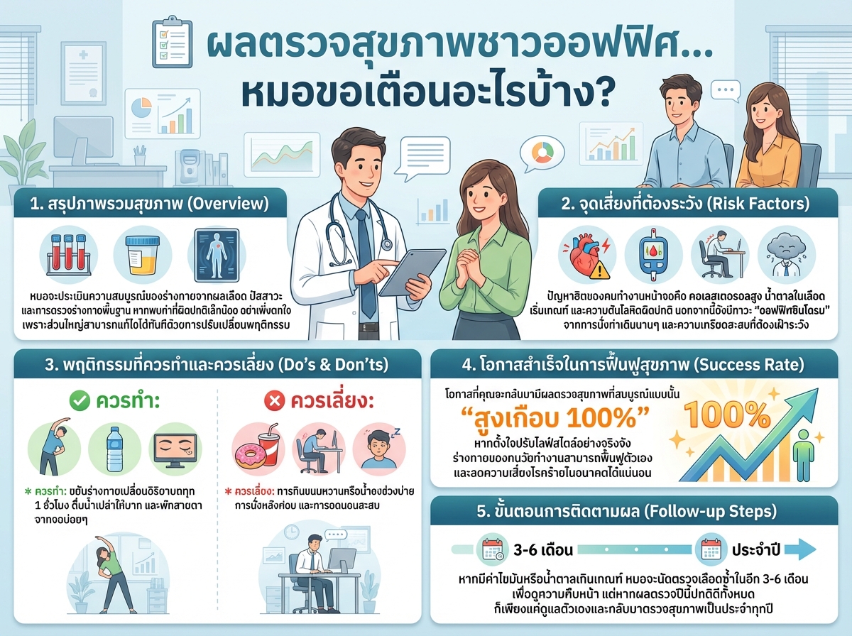 แพทย์กำลังอธิบายผลตรวจสุขภาพให้กับคนทำงานออฟฟิศ