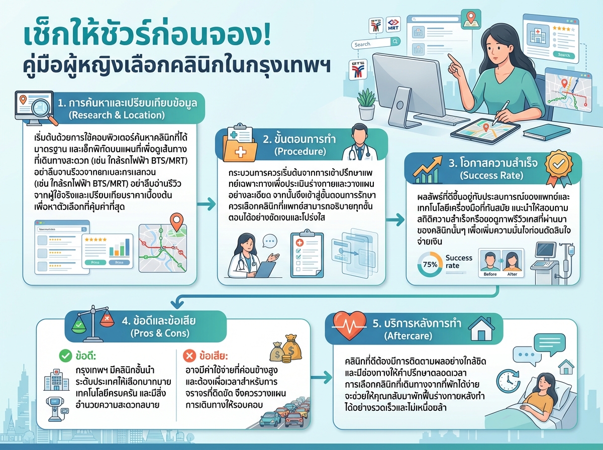 ผู้หญิงกำลังคิดถึงการเลือกคลินิกในกรุงเทพโดยมีแผนที่และคอมพิวเตอร์ประกอบ