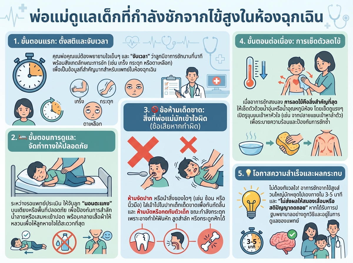 พ่อแม่ดูแลเด็กที่กำลังชักจากไข้สูงในห้องฉุกเฉิน