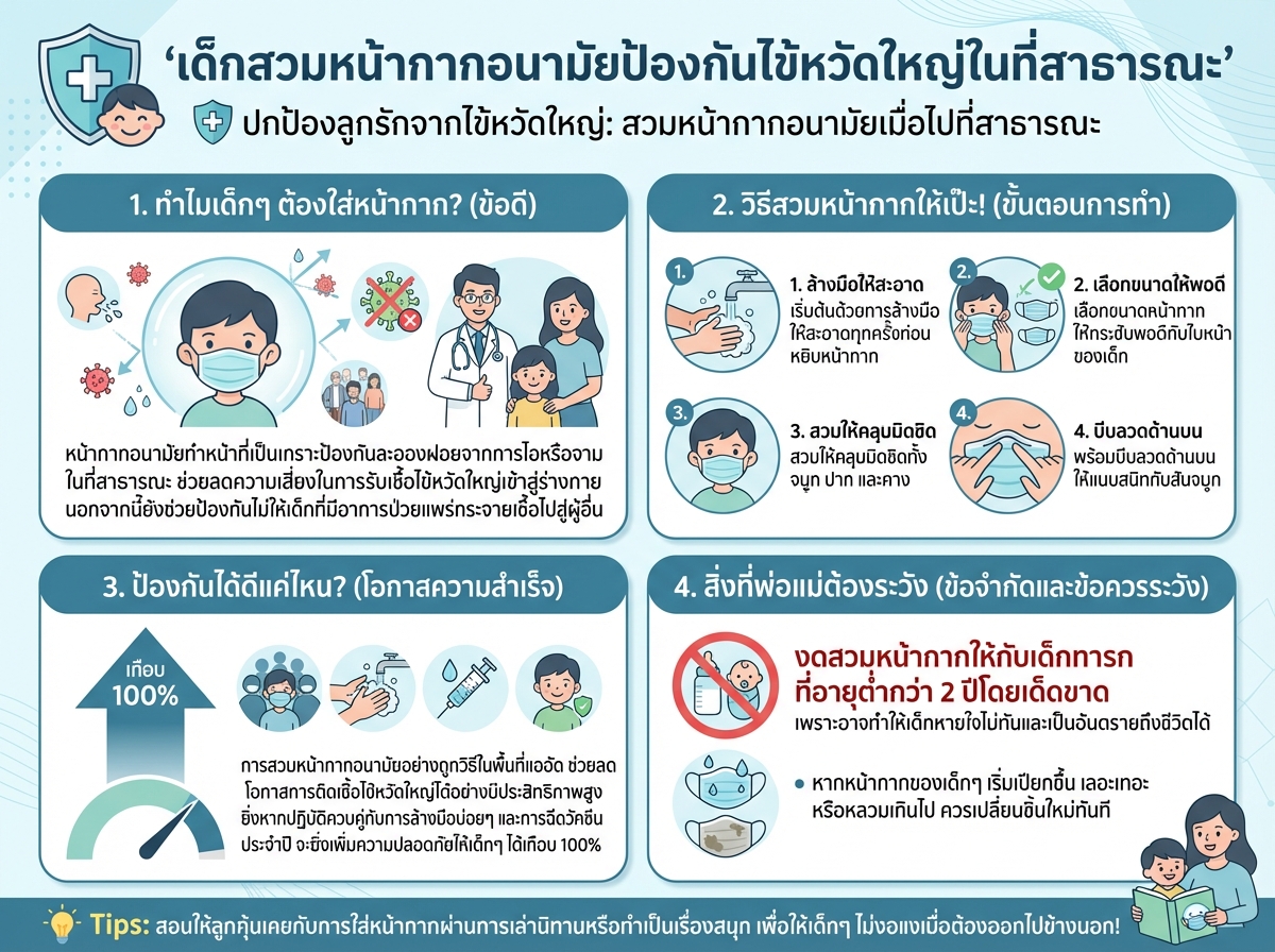 เด็กสวมหน้ากากอนามัยป้องกันไข้หวัดใหญ่ในที่สาธารณะ