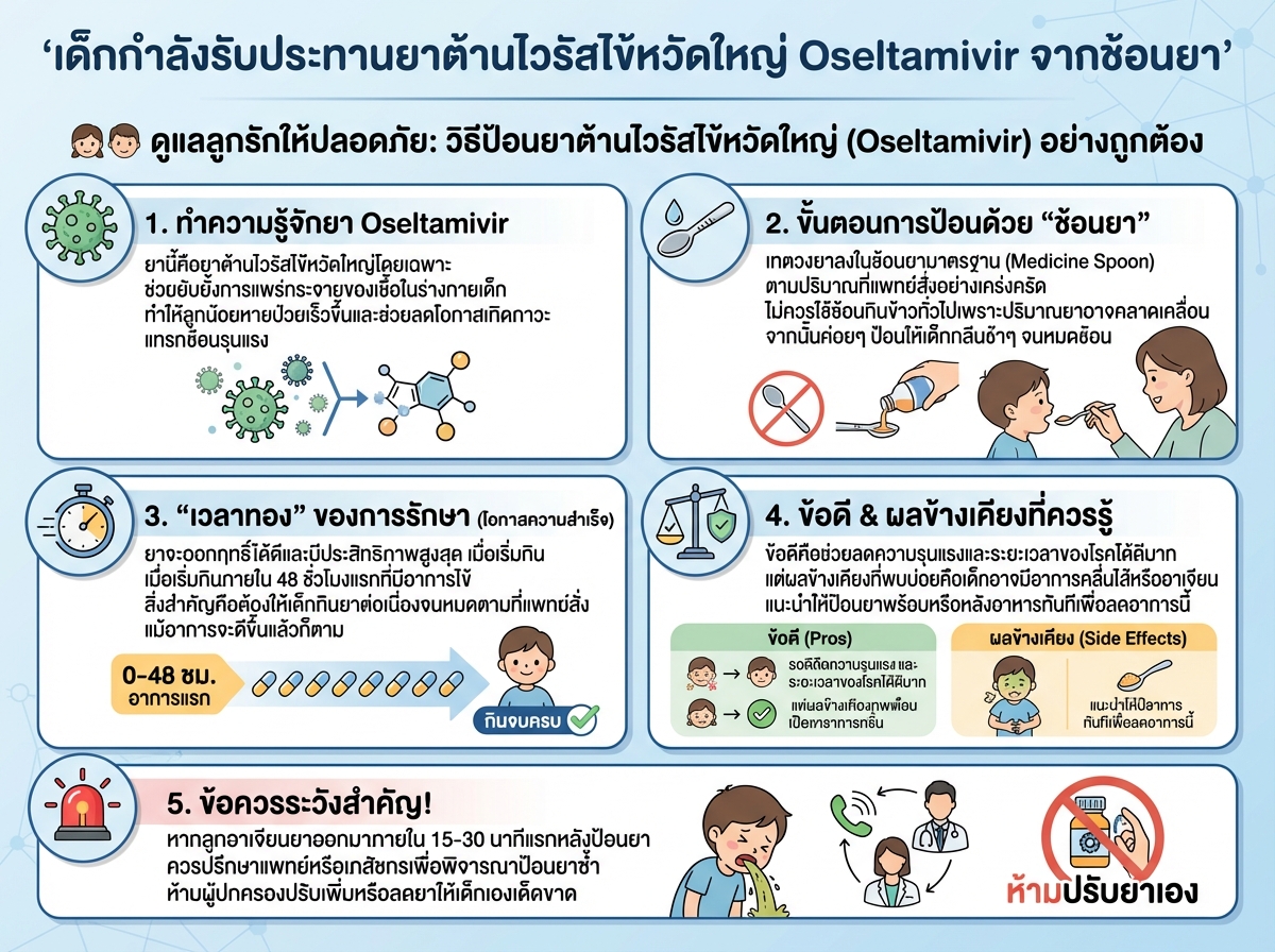 เด็กกำลังรับประทานยาต้านไวรัสไข้หวัดใหญ่ Oseltamivir จากช้อนยา