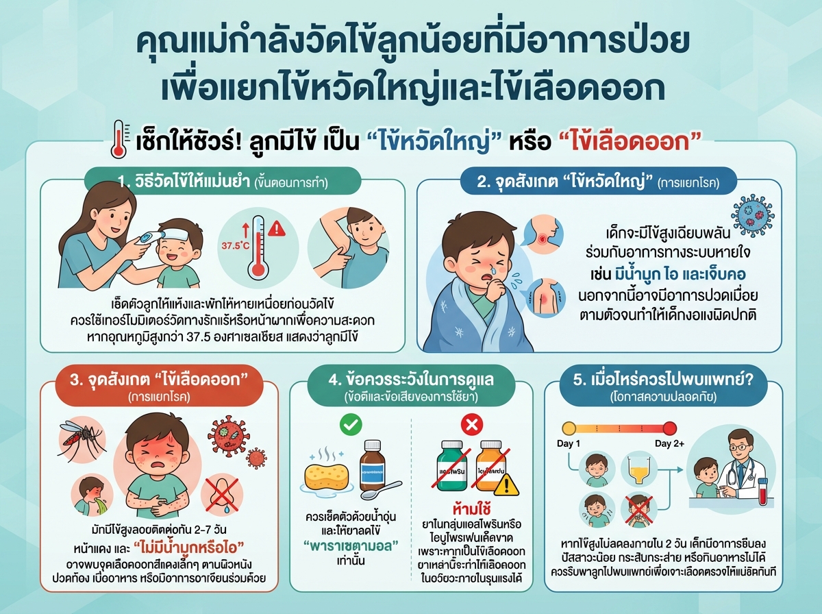 คุณแม่กำลังวัดไข้ลูกน้อยที่มีอาการป่วย เพื่อแยกไข้หวัดใหญ่และไข้เลือดออก