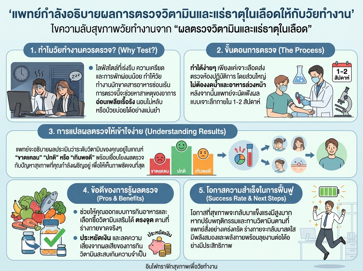 แพทย์กำลังอธิบายผลการตรวจวิตามินและแร่ธาตุในเลือดให้กับวัยทำงาน