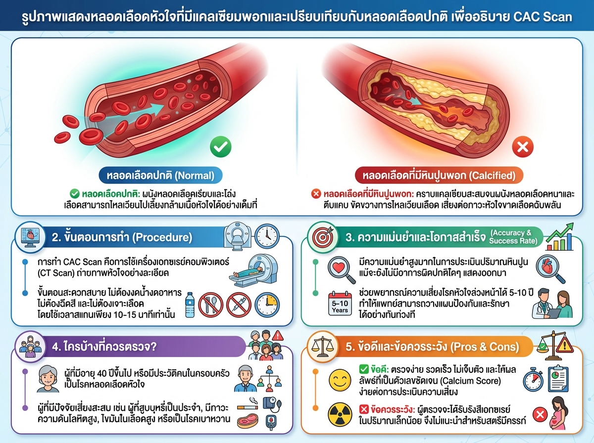 รูปภาพแสดงหลอดเลือดหัวใจที่มีแคลเซียมพอกและเปรียบเทียบกับหลอดเลือดปกติ เพื่ออธิบาย CAC Scan