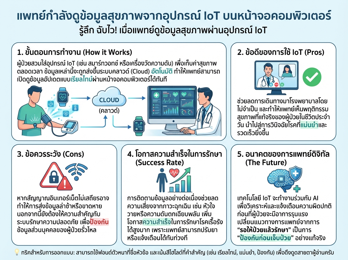 แพทย์กำลังดูข้อมูลสุขภาพจากอุปกรณ์ IoT บนหน้าจอคอมพิวเตอร์