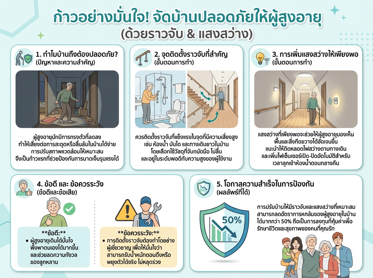 ผู้สูงอายุเดินในบ้านที่ปลอดภัยพร้อมราวจับและแสงสว่างเพียงพอ