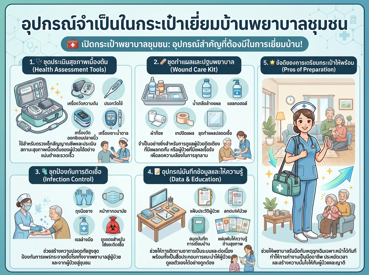 อุปกรณ์จำเป็นในกระเป๋าเยี่ยมบ้านพยาบาลชุมชน