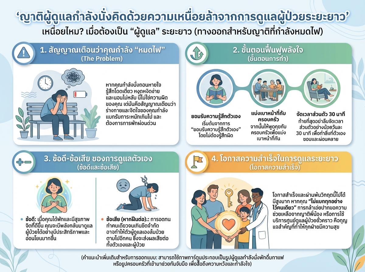 ญาติผู้ดูแลกำลังนั่งคิดด้วยความเหนื่อยล้าจากการดูแลผู้ป่วยระยะยาว