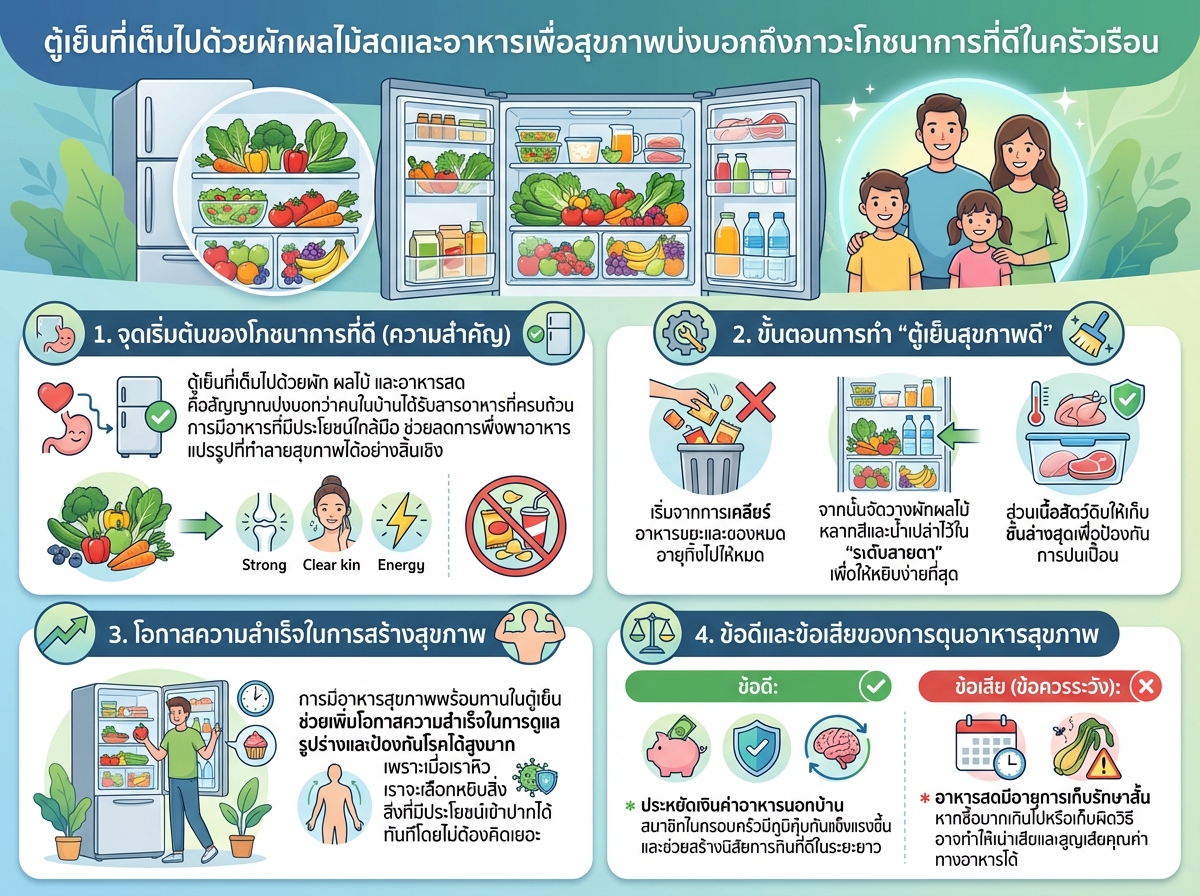 ตู้เย็นที่เต็มไปด้วยผักผลไม้สดและอาหารเพื่อสุขภาพบ่งบอกถึงภาวะโภชนาการที่ดีในครัวเรือน