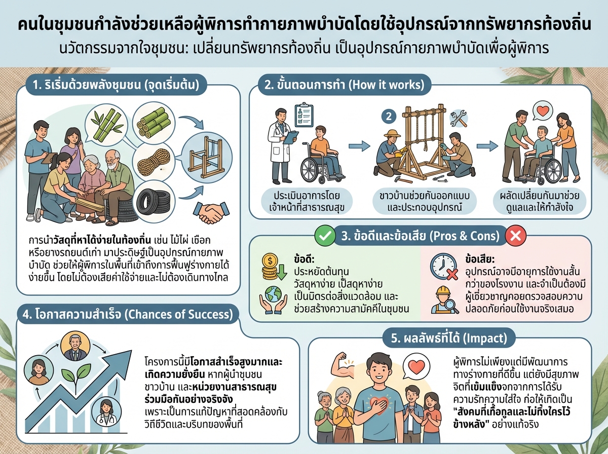 คนในชุมชนกำลังช่วยเหลือผู้พิการทำกายภาพบำบัดโดยใช้อุปกรณ์จากทรัพยากรท้องถิ่น