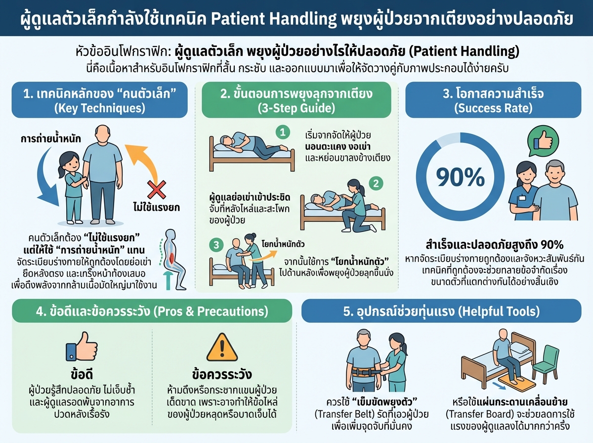 ผู้ดูแลตัวเล็กกำลังใช้เทคนิค Patient Handling พยุงผู้ป่วยจากเตียงอย่างปลอดภัย