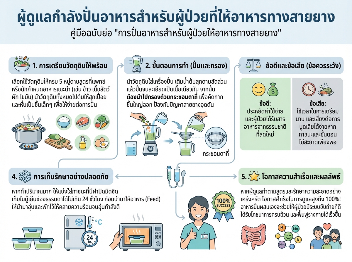 ผู้ดูแลกำลังปั่นอาหารสำหรับผู้ป่วยที่ให้อาหารทางสายยาง