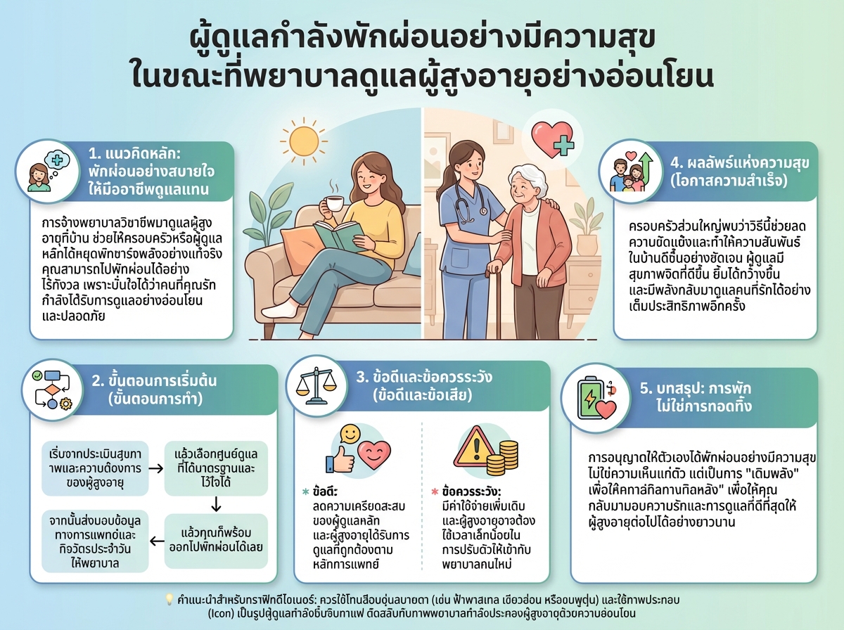 ผู้ดูแลกำลังพักผ่อนอย่างมีความสุข ในขณะที่พยาบาลดูแลผู้สูงอายุอย่างอ่อนโยน