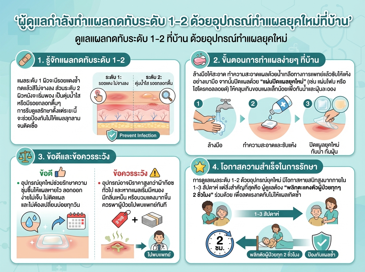 ผู้ดูแลกำลังทำแผลกดทับระดับ 1-2 ด้วยอุปกรณ์ทำแผลยุคใหม่ที่บ้าน