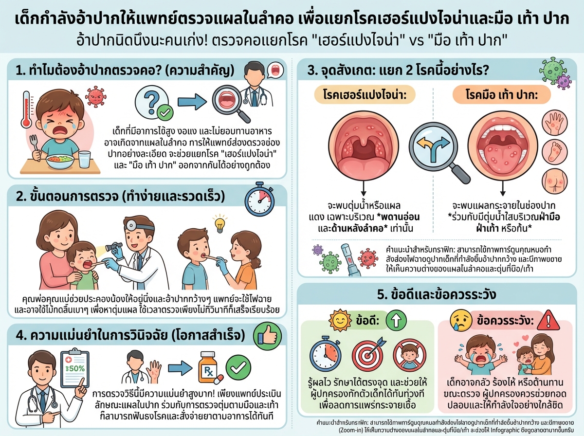 เด็กกำลังอ้าปากให้แพทย์ตรวจแผลในลำคอ เพื่อแยกโรคเฮอร์แปงไจน่าและมือ เท้า ปาก