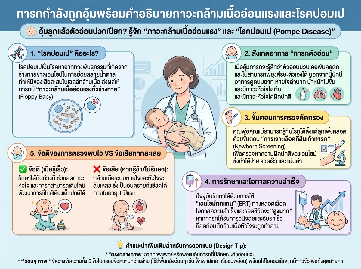 ทารกกำลังถูกอุ้มพร้อมคำอธิบายภาวะกล้ามเนื้ออ่อนแรงและโรคปอมเป