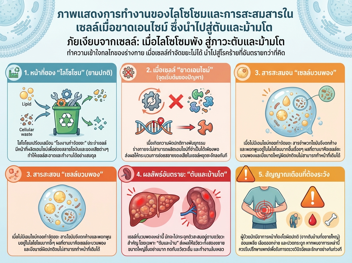 ภาพแสดงการทำงานของไลโซโซมและการสะสมสารในเซลล์เมื่อขาดเอนไซม์ ซึ่งนำไปสู่ตับและม้ามโต