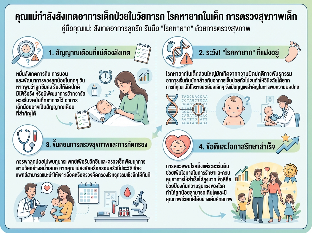 คุณแม่กำลังสังเกตอาการเด็กป่วยในวัยทารก โรคหายากในเด็ก การตรวจสุขภาพเด็ก