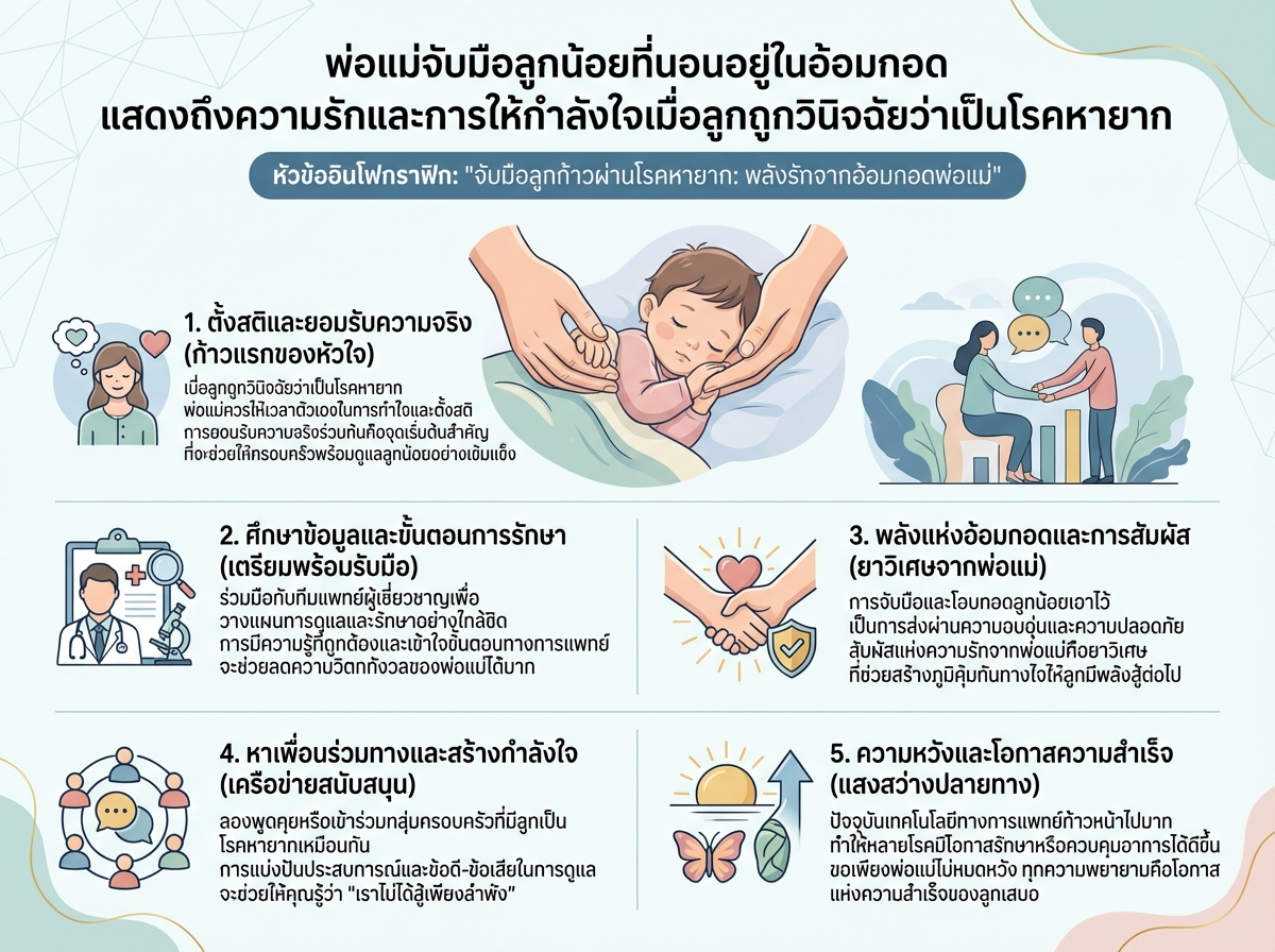 พ่อแม่จับมือลูกน้อยที่นอนอยู่ในอ้อมกอด แสดงถึงความรักและการให้กำลังใจเมื่อลูกถูกวินิจฉัยว่าเป็นโรคหายาก