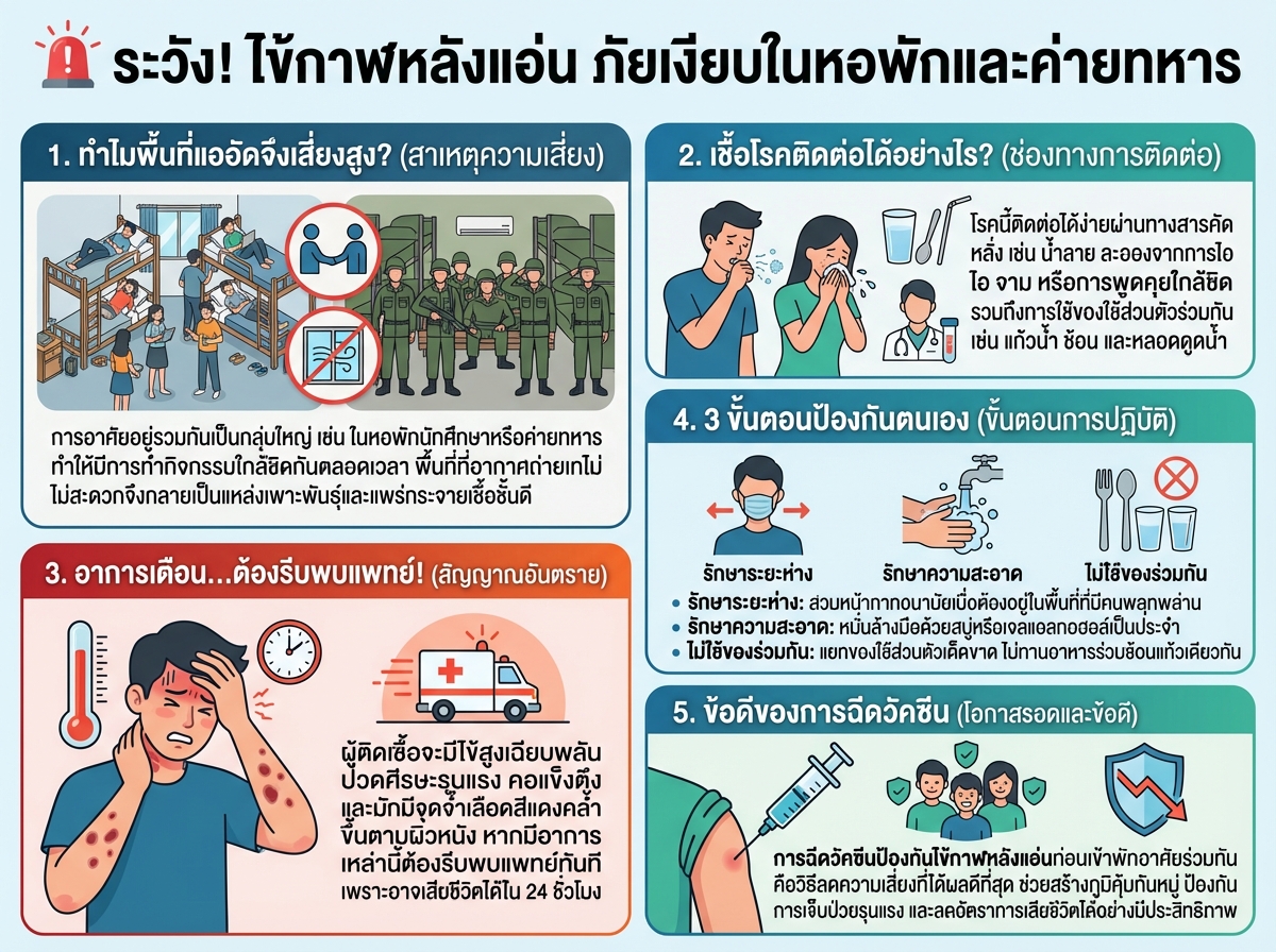 ภาพผู้คนในหอพักนักศึกษาหรือค่ายทหารที่กำลังดำเนินกิจกรรมในพื้นที่แออัด ซึ่งเป็นแหล่งระบาดของไข้กาฬหลังแอ่น