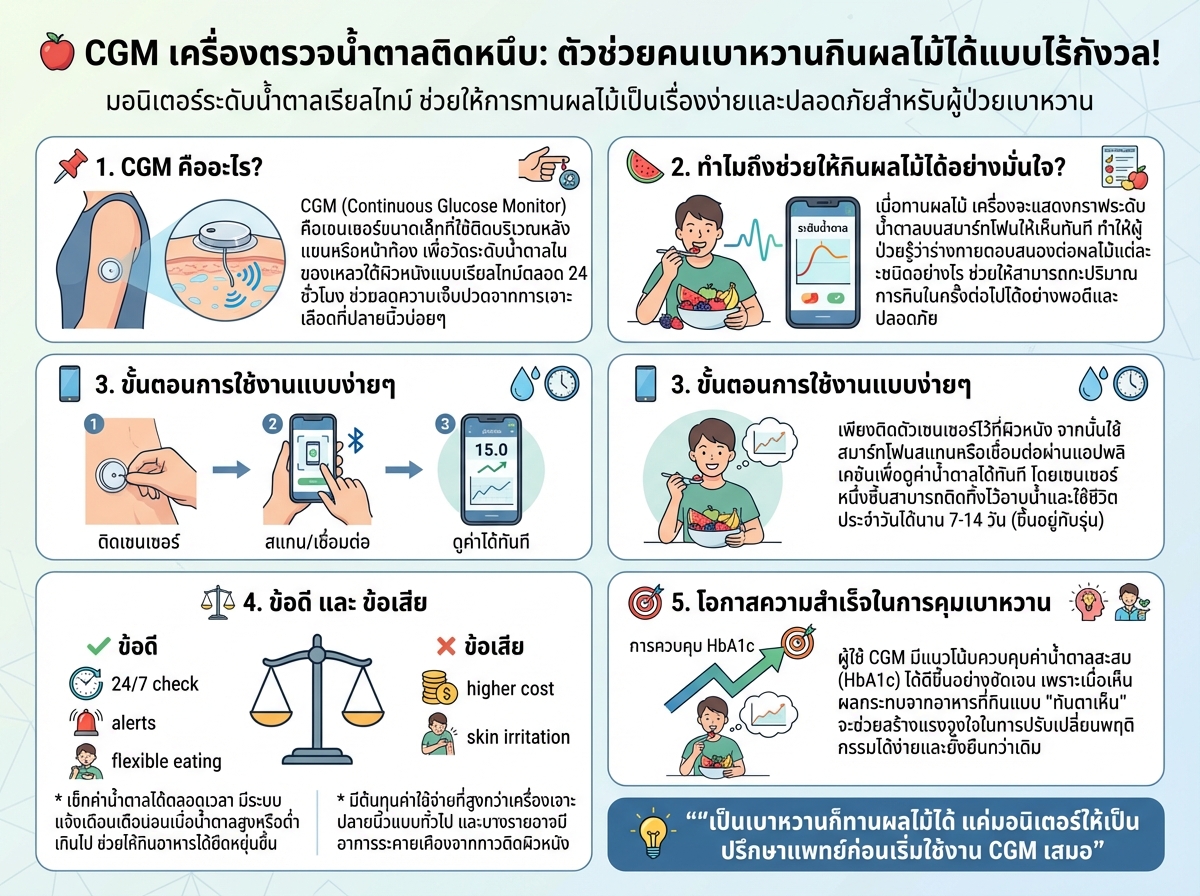 เครื่องตรวจน้ำตาลแบบติดหนึบ CGM ช่วยคนเบาหวานกินผลไม้ได้ มอนิเตอร์ระดับน้ำตาลเรียลไทม์