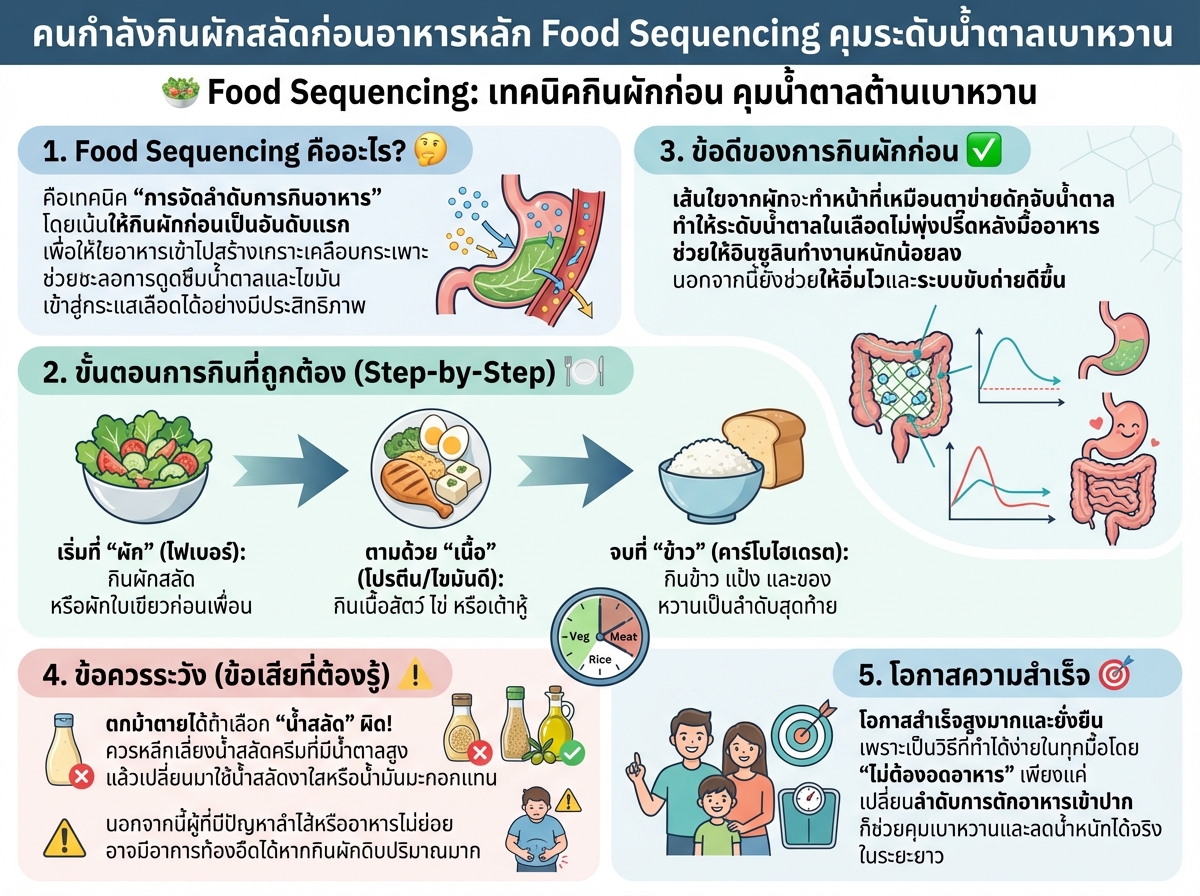 คนกำลังกินผักสลัดก่อนอาหารหลัก Food Sequencing คุมระดับน้ำตาลเบาหวาน