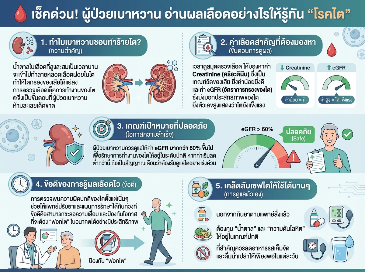 ผู้ป่วยเบาหวานกำลังดูผลตรวจเลือดเพื่อเช็คสุขภาพไต