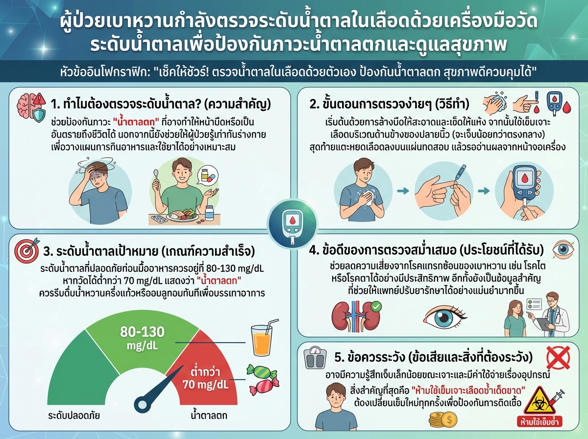 ผู้ป่วยเบาหวานกำลังตรวจระดับน้ำตาลในเลือดด้วยเครื่องมือวัดระดับน้ำตาลเพื่อป้องกันภาวะน้ำตาลตกและดูแลสุขภาพ