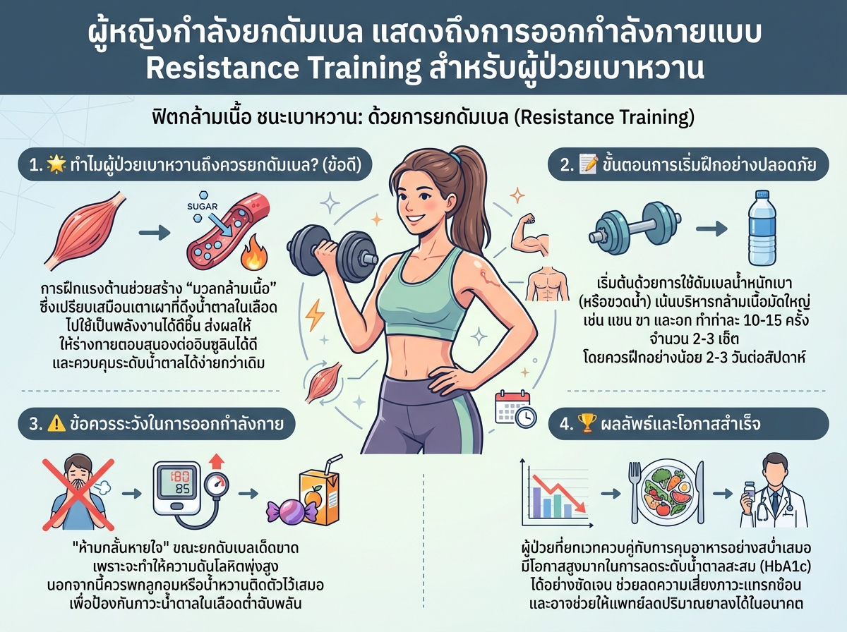 ผู้หญิงกำลังยกดัมเบล แสดงถึงการออกกำลังกายแบบ Resistance Training สำหรับผู้ป่วยเบาหวาน