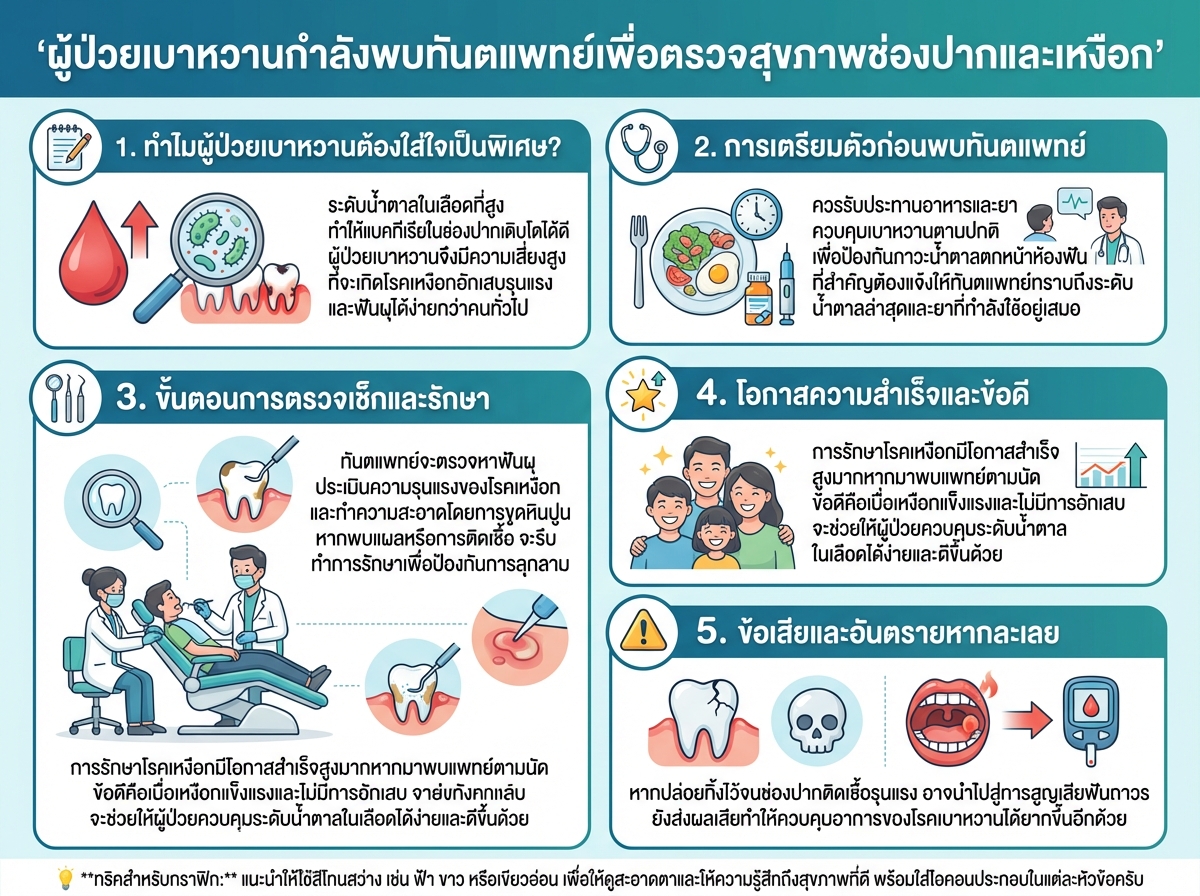ผู้ป่วยเบาหวานกำลังพบทันตแพทย์เพื่อตรวจสุขภาพช่องปากและเหงือก