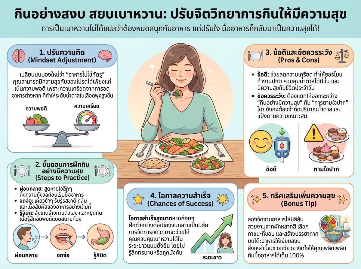 ผู้หญิงกำลังกินอาหารอย่างสงบและมีความสุข แสดงถึงการจัดการจิตวิทยาการกินสำหรับคนเป็นเบาหวาน