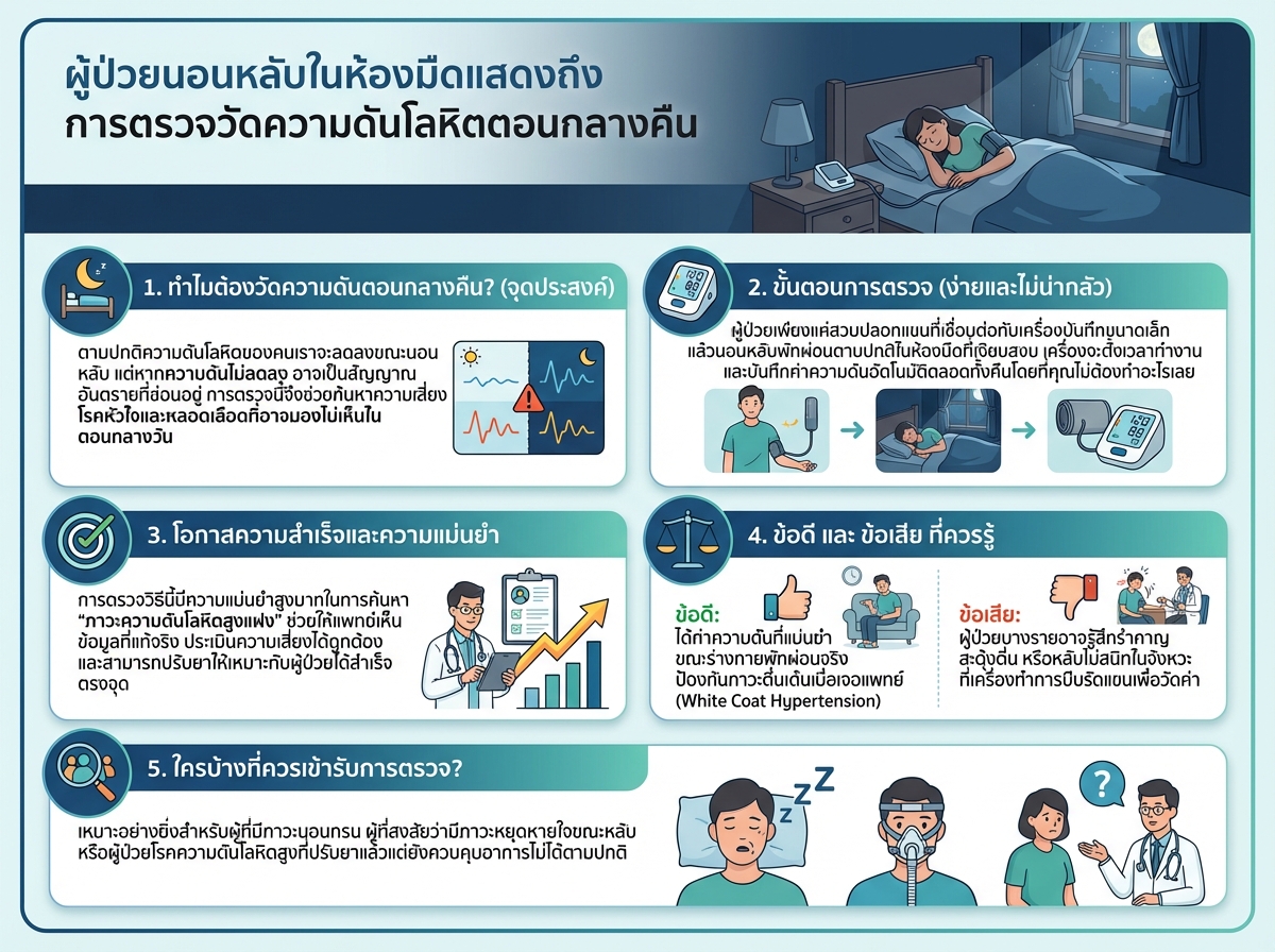 ผู้ป่วยนอนหลับในห้องมืดแสดงถึงการตรวจวัดความดันโลหิตตอนกลางคืน