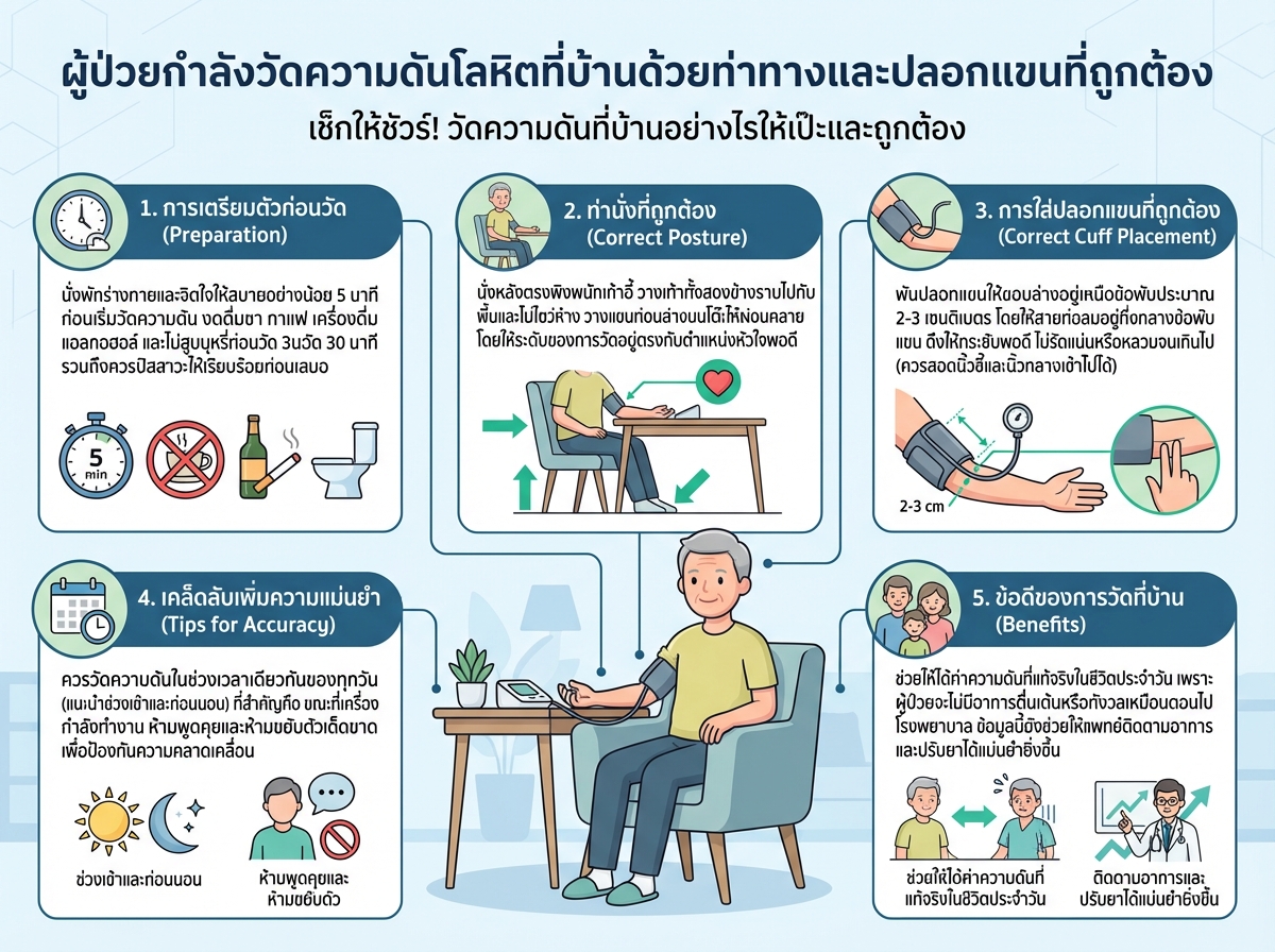 ผู้ป่วยกำลังวัดความดันโลหิตที่บ้านด้วยท่าทางและปลอกแขนที่ถูกต้อง