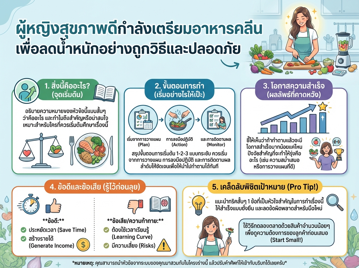 ผู้หญิงสุขภาพดีกำลังเตรียมอาหารคลีนเพื่อลดน้ำหนักอย่างถูกวิธีและปลอดภัย