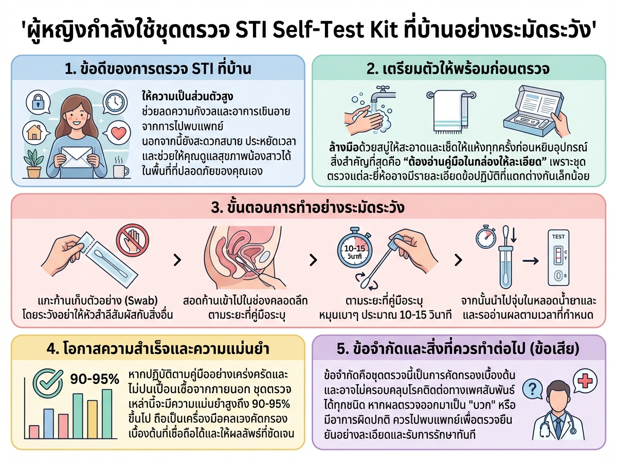 ผู้หญิงกำลังใช้ชุดตรวจ STI Self-Test Kit ที่บ้านอย่างระมัดระวัง