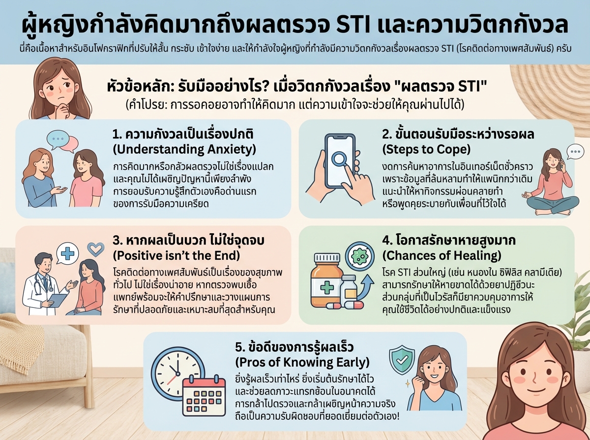 ผู้หญิงกำลังคิดมากถึงผลตรวจ STI และความวิตกกังวล