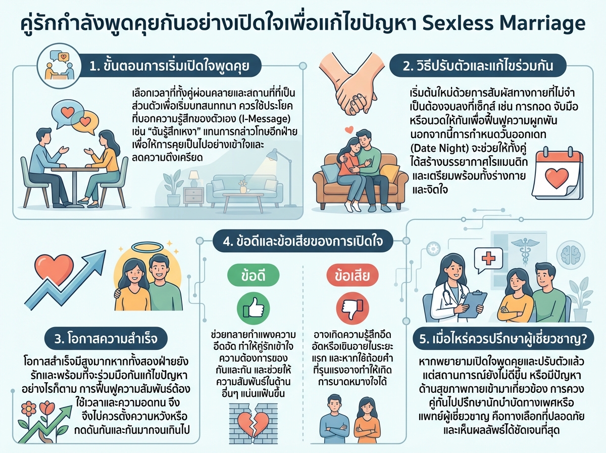 คู่รักกำลังพูดคุยกันอย่างเปิดใจเพื่อแก้ไขปัญหา Sexless Marriage
