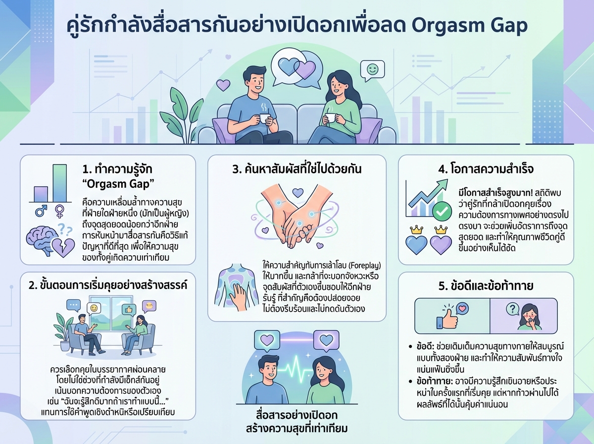 คู่รักกำลังสื่อสารกันอย่างเปิดอกเพื่อลด Orgasm Gap