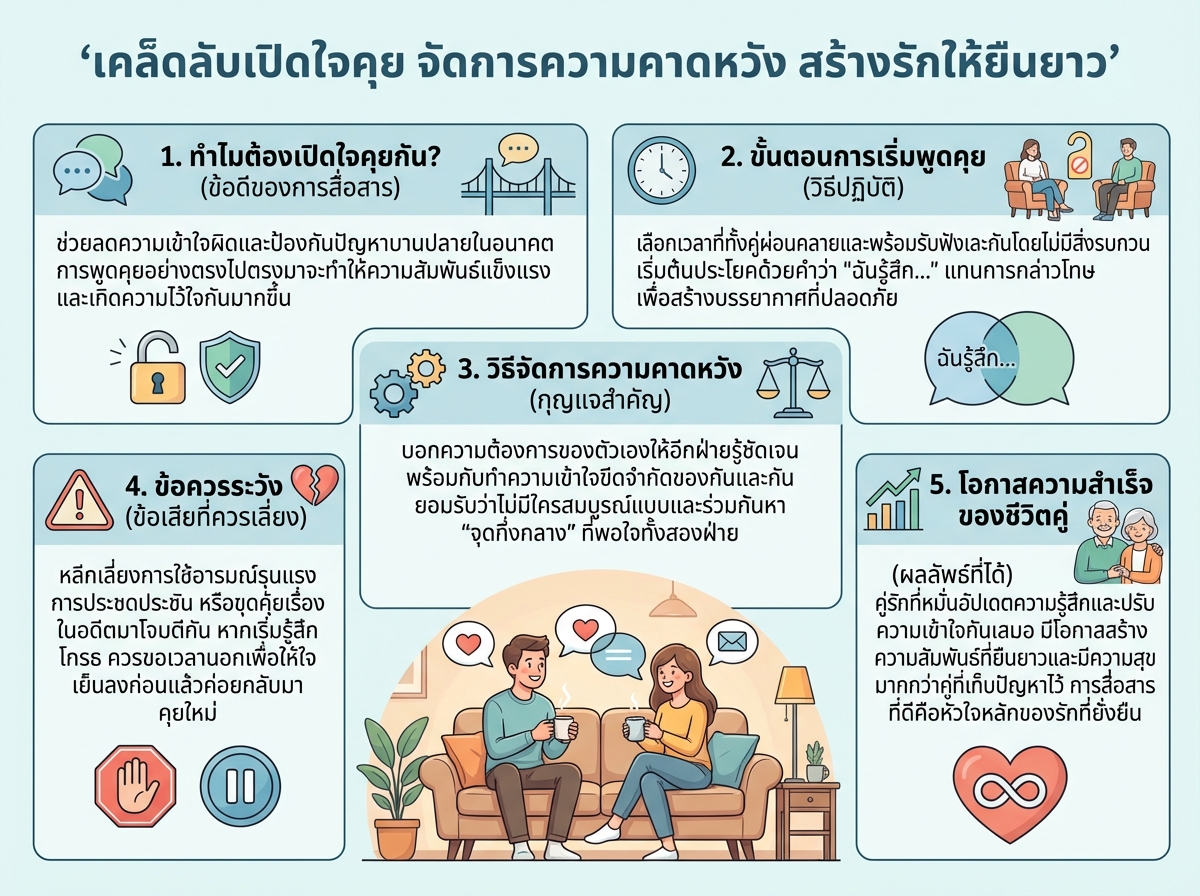 คู่รักกำลังพูดคุยกันอย่างเปิดใจถึงความสัมพันธ์และการจัดการความคาดหวัง