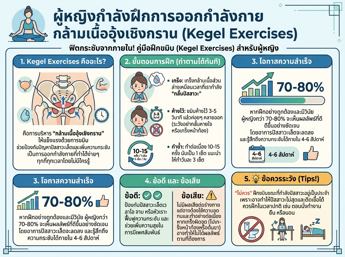 ผู้หญิงกำลังฝึกการออกกำลังกายกล้ามเนื้ออุ้งเชิงกราน (Kegel Exercises)