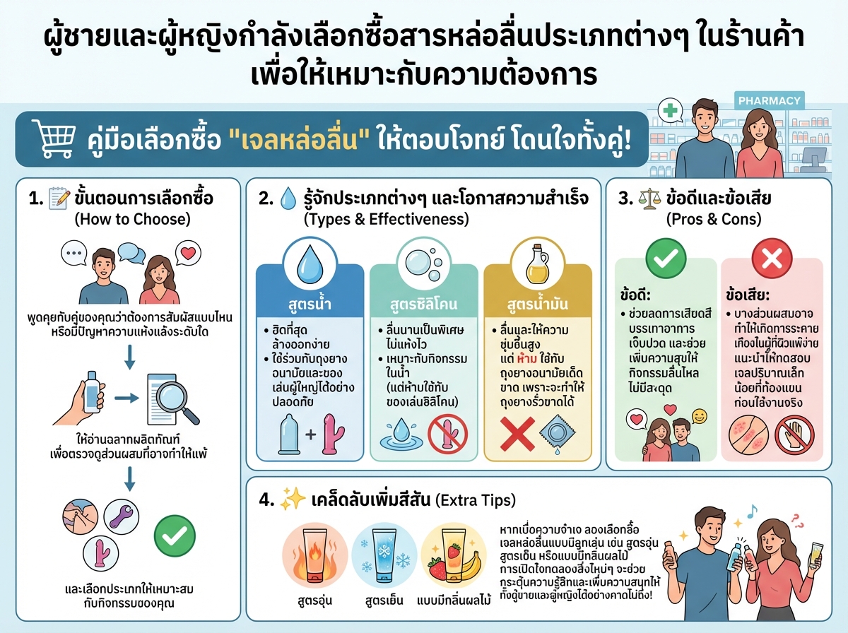 ผู้ชายและผู้หญิงกำลังเลือกซื้อสารหล่อลื่นประเภทต่างๆ ในร้านค้า เพื่อให้เหมาะกับความต้องการ