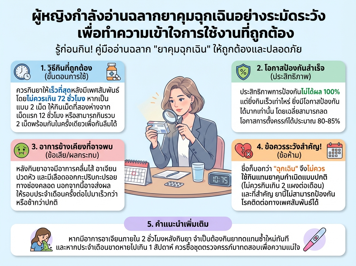ผู้หญิงกำลังอ่านฉลากยาคุมฉุกเฉินอย่างระมัดระวังเพื่อทำความเข้าใจการใช้งานที่ถูกต้อง
