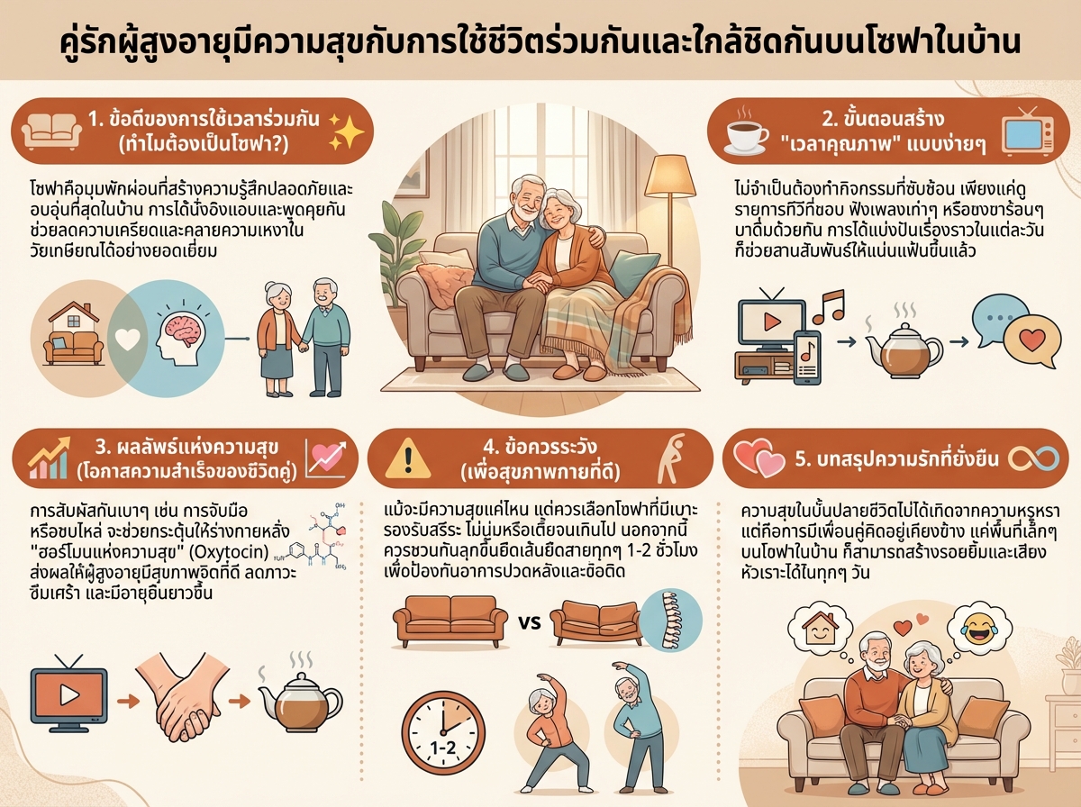 คู่รักผู้สูงอายุมีความสุขกับการใช้ชีวิตร่วมกันและใกล้ชิดกันบนโซฟาในบ้าน