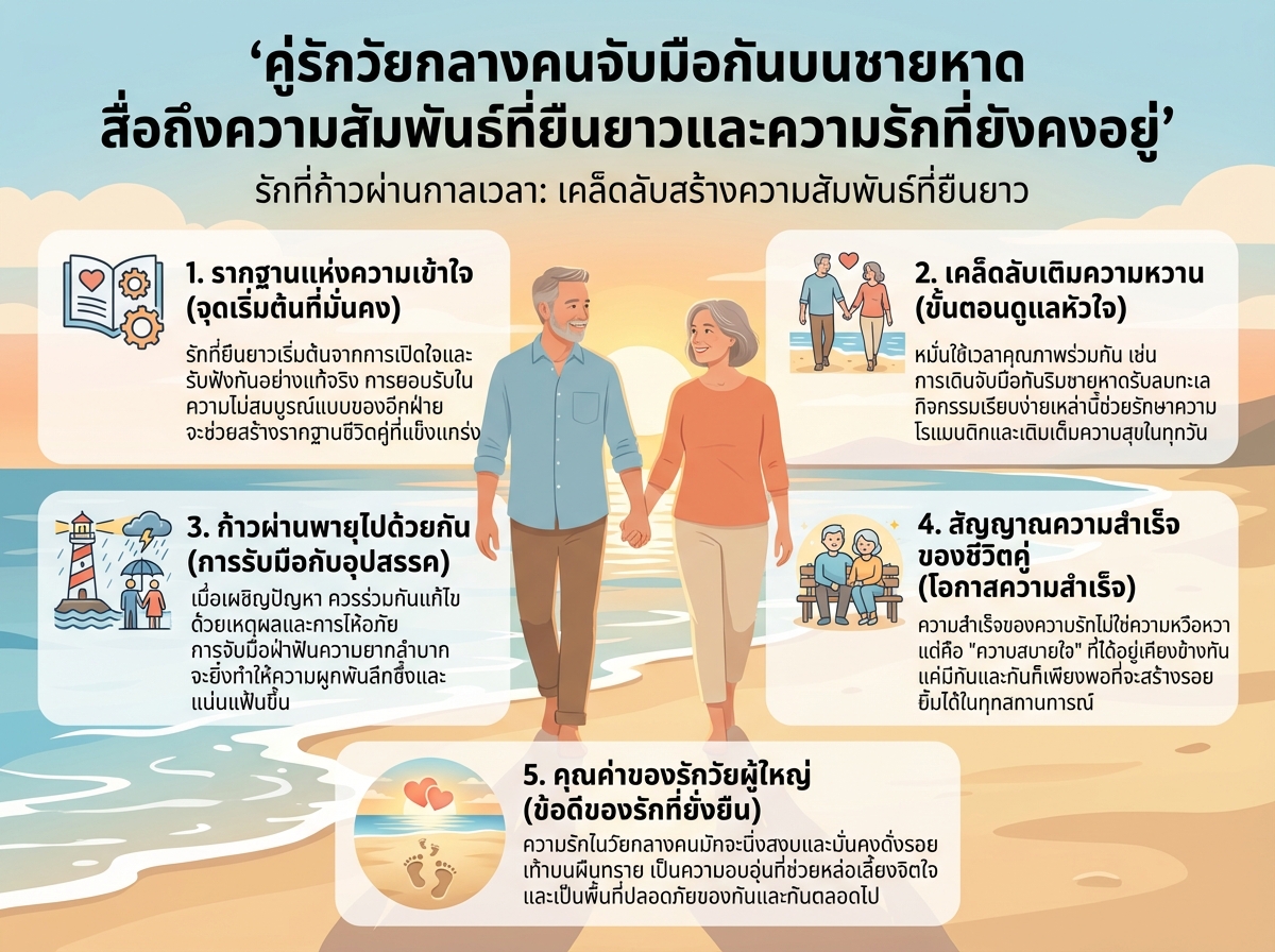 คู่รักวัยกลางคนจับมือกันบนชายหาด สื่อถึงความสัมพันธ์ที่ยืนยาวและความรักที่ยังคงอยู่